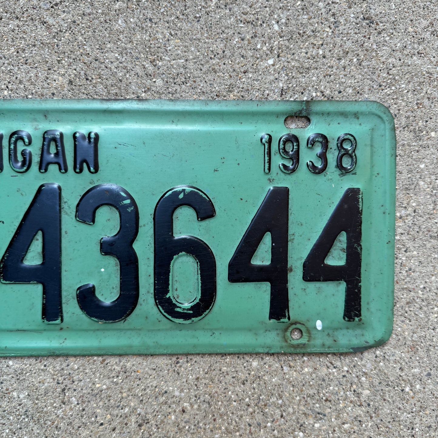 1938 Michigan License Plate X 43644 Vintage Light Green Wall Decor