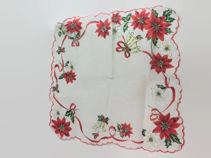 Poinsettia Holiday Hanky Vintage Christmas Handkerchief - Eagle's Eye Finds