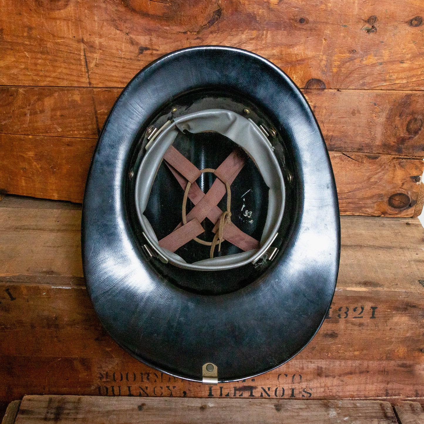 Phenolic Firefighter Helmet with Leather Badge Number 1 MFD - Eagle's Eye Finds