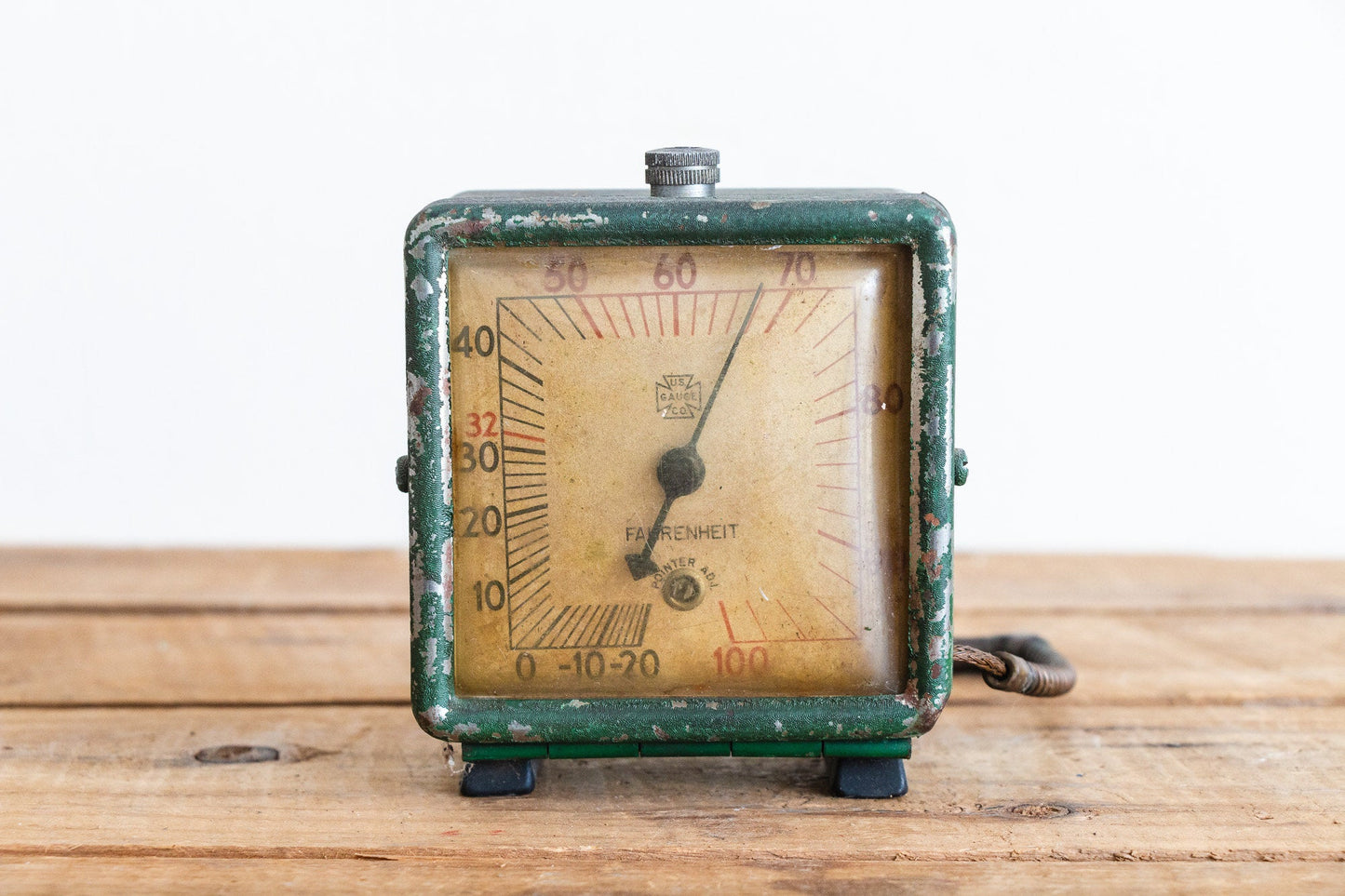 Green Temperature Gauge Vintage US Gauge Co Industrial Square Fahrenheit Thermometer - Eagle's Eye Finds