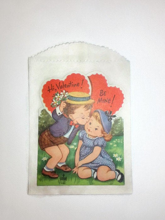 Retro Gibson Die Cut Kissing Kids Valentine - Eagle's Eye Finds