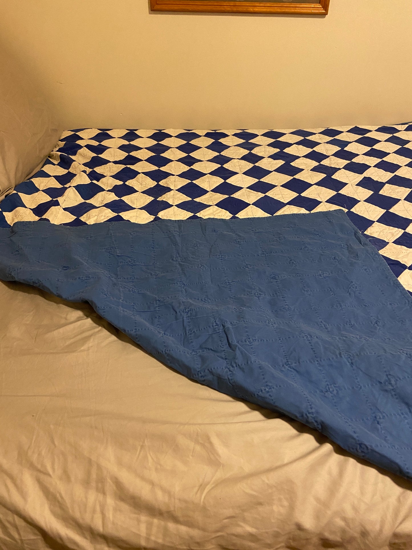 Block on Point Hand Stitched Quilt Vintage Blue Patchwork Farmhouse Decor - Eagle's Eye Finds