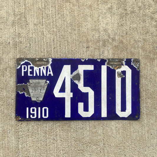 1910 Pennsylvania Porcelain License Plate Vintage Blue Auto Wall Decor 4510