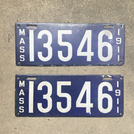 1911 Massachusetts Porcelain License Plate Pair Vintage Blue Auto Wall Decor