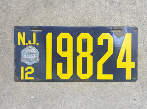 1912 New Jersey Porcelain License Plate Vintage Blue Car Wall Decor