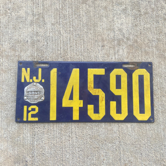 1912 New Jersey Porcelain License Plate Vintage Blue Auto Wall Decor