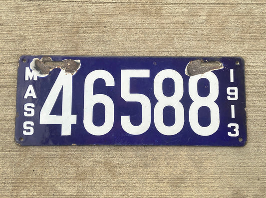 1913 Massachusetts Porcelain License Plate Vintage Blue Car Wall Decor