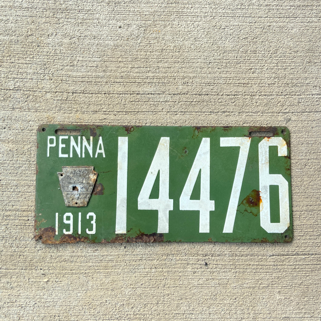 1913 Pennsylvania Porcelain License Plate Vintage Green Auto Wall Decor 14476