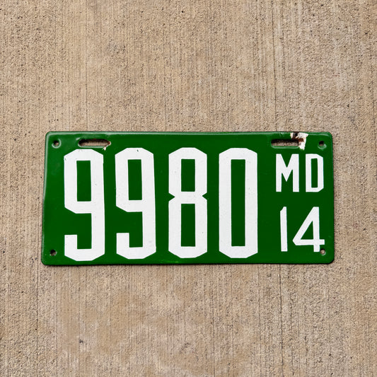 1914 Maryland Porcelain License Plate 9980 Early Automotive Decor