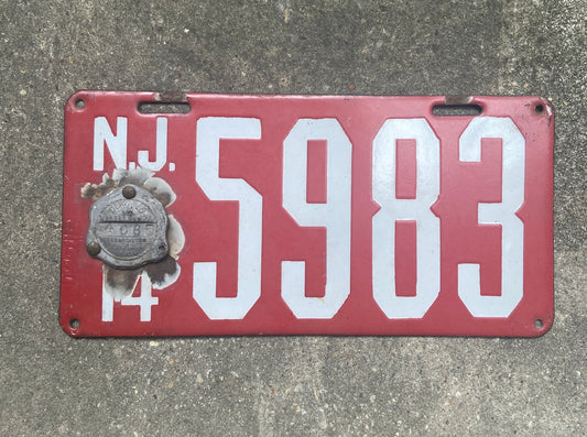 1914 New Jersey Porcelain License Plate Vintage Red Car Wall Decor