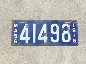 1915 Massachusetts Porcelain License Plate Vintage Blue Car Wall Decor