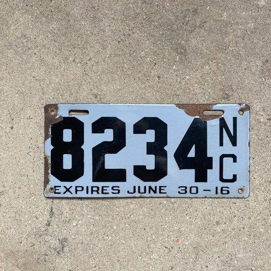 1916 North Carolina Porcelain License Plate 8234 Antique Auto Collectible