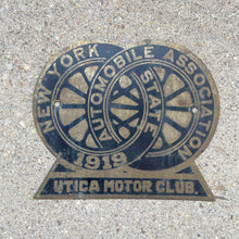 Load image into Gallery viewer, 1919 Utica New York Brass Car Badge License Plate Topper Motor Club Automobile
