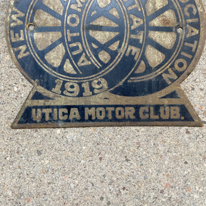 1919 Utica New York Brass Car Badge License Plate Topper Motor Club Automobile