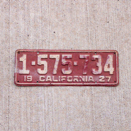 1927 California License Plate Vintage Red Garage Wall Decor