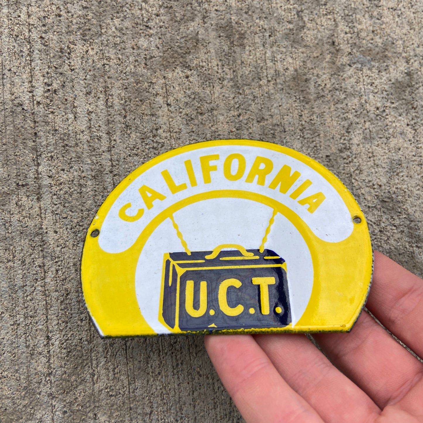 1930 Era California UCT Porcelain License Plate Topper Badge Fraternal Order