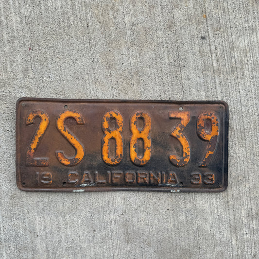 1933 California License Plate Vintage Rustic Wall Decor