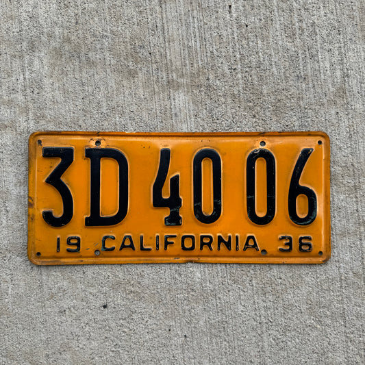 1936 California License Plate Vintage Yellow Garage Wall Decor