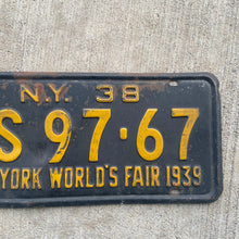 Load image into Gallery viewer, 1938 New York License Plate 1939 World&#39;s Fair Wall Decor 5S9767
