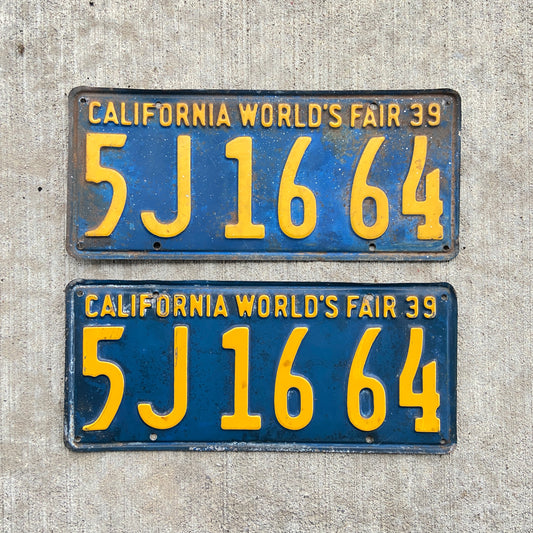 1939 California License Plate Pair Cal World's Fair YOM DMV Clear 5J1664