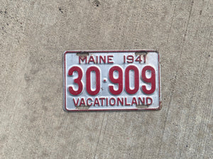 1941 Maine License Plate Vintage Silver and Red Wall Decor