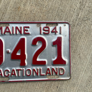 1941 Maine License Plate Vintage Silver and Red Wall Decor