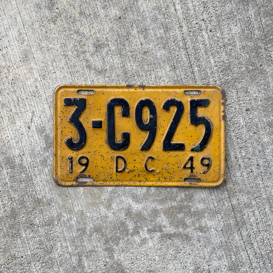 1949 Washington DC License Plate 3-C925 District Columbia