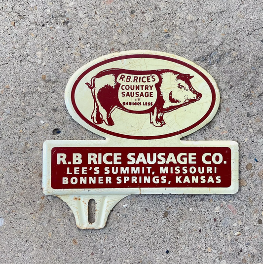 1950s Pig Sausage License Plate Topper R B Rice Sausage Co. Missouri Kansas