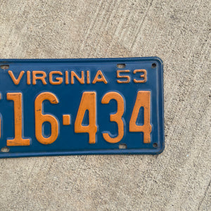1953 Virginia License Plate Vintage Orange Blue Wall Decor 516434