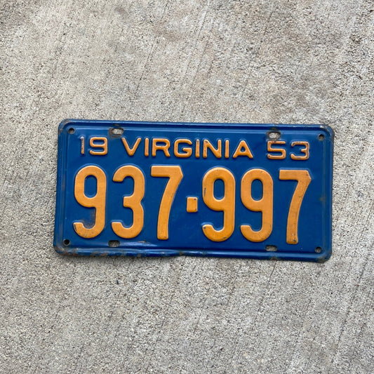 1953 Virginia License Plate Vintage Orange Blue Wall Decor 937 997