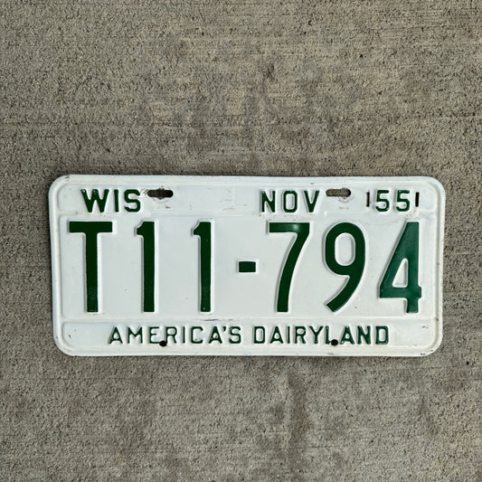 1955 Wisconsin License Plate Vintage White Green Wall Decor