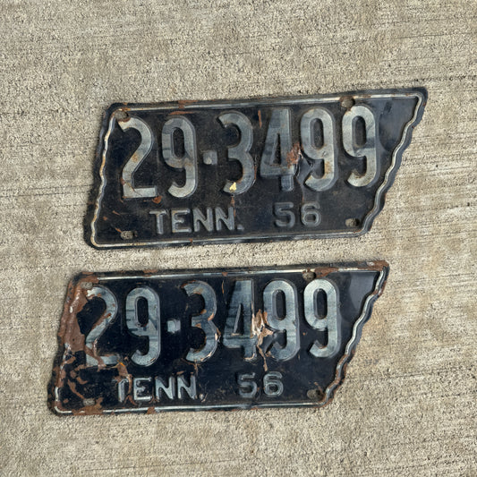 1956 Tennessee License Plate Pair State Shaped Registrable YOM DMV Clear