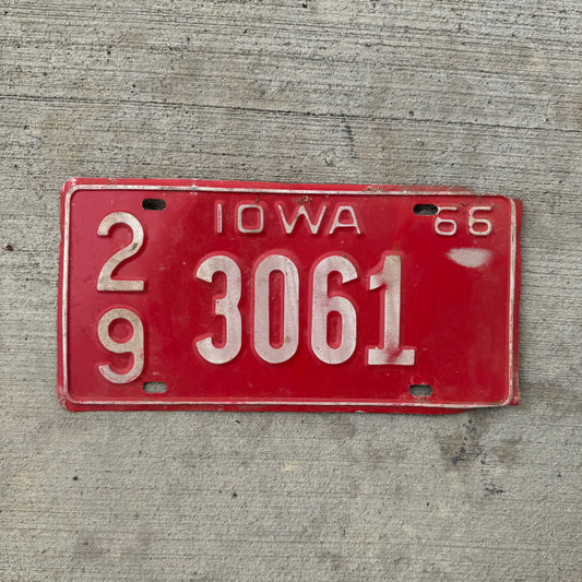 1966 Iowa License Plate Vintage Red Colorful Wall Decor