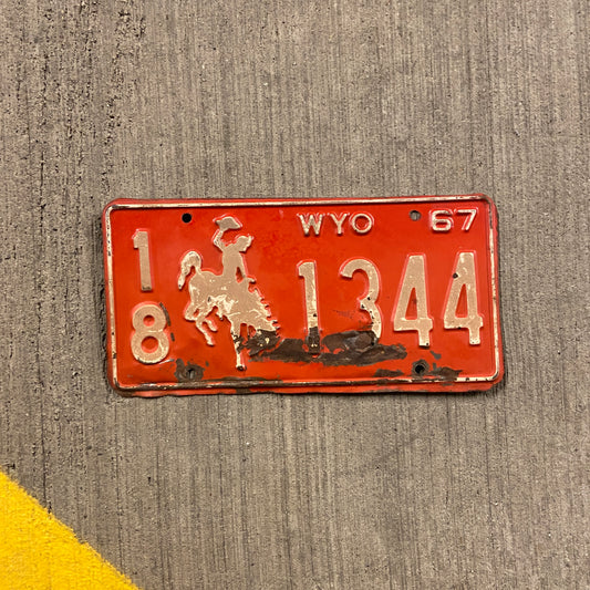 1967 Wyoming License Plate Vintage Red Cowboy Wall Decor 18 1344
