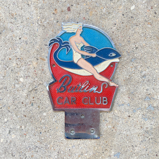 1970s Era Butlins Car Club License Plate Topper Car Badge Woman Dolphin
