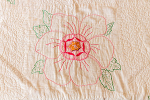 Dogwood Flower Hand Stitched Embroidered Quilt Vintage Farmhouse Decor