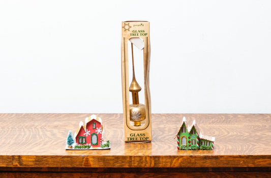 Vintage Gold Glass Christmas Tree Topper with Glitter Snowflake