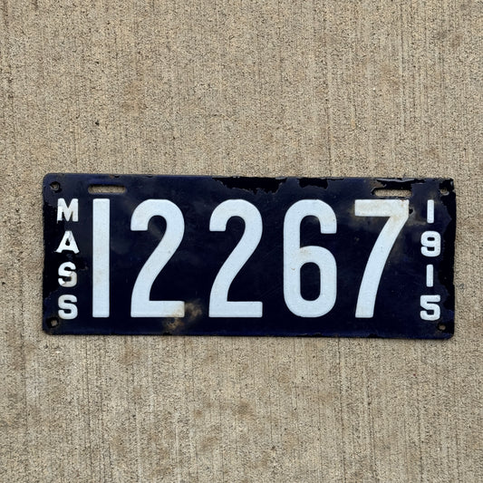 1915 Massachusetts Porcelain License Plate Vintage Blue Car Wall Decor