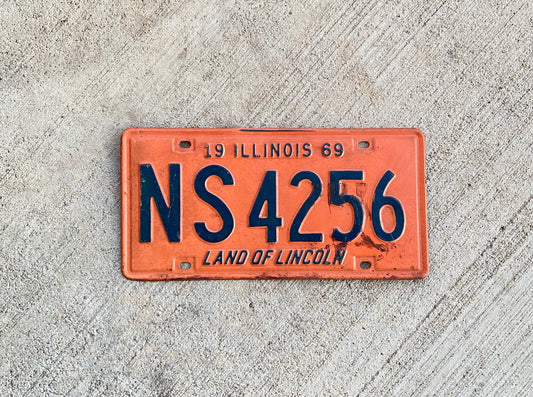 1969 Illinois License Plate Vintage Orange and Blue Decor