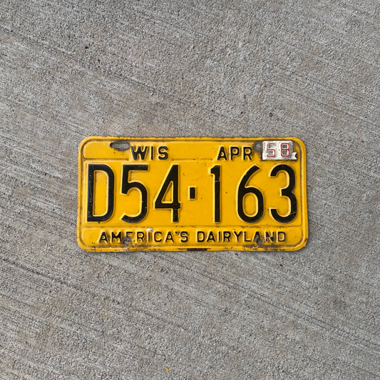 1958 Wisconsin License Plate Vintage Yellow Wall Decor