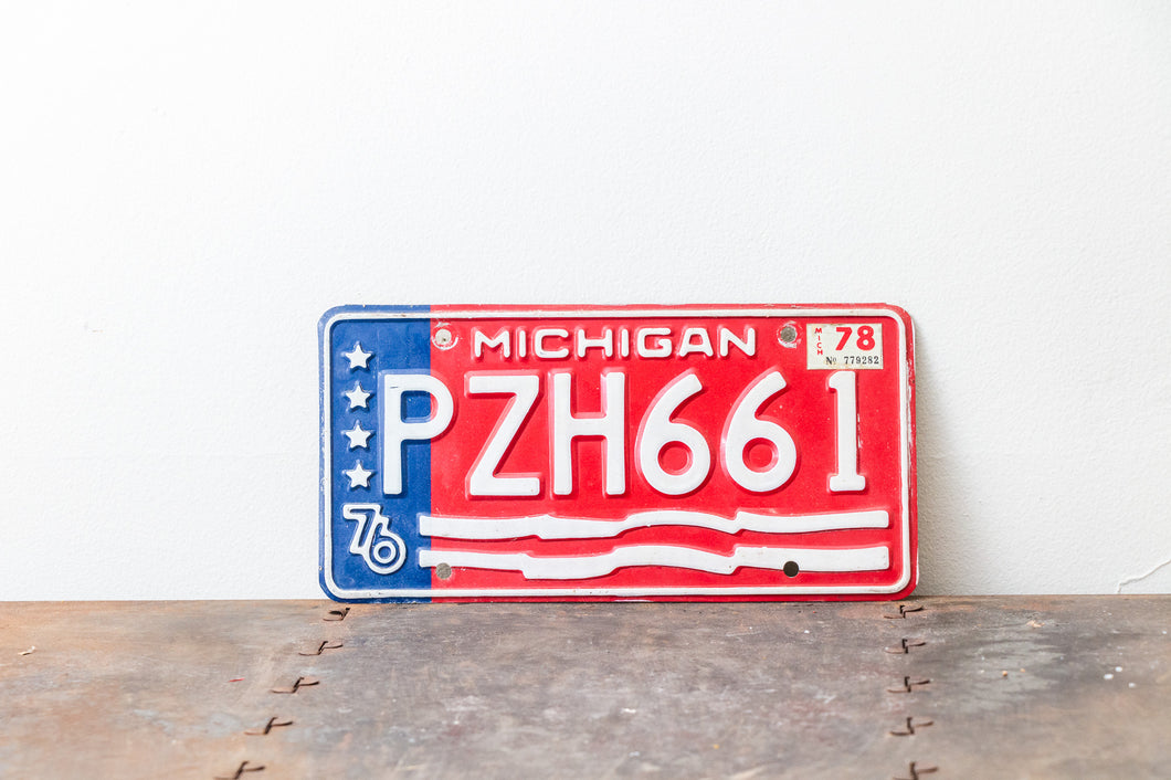 1976 Michigan License Plate Vintage USA Bicentennial Red White Blue Decor