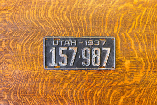1937 Utah License Plate Vintage Black White Wall Decor