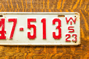 1923 Wisconsin License Plate Vintage Red White Wall Decor
