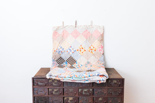 1940s Patchwork Turned on Point Quilt Vintage Hand-stitched Farmhouse Decor