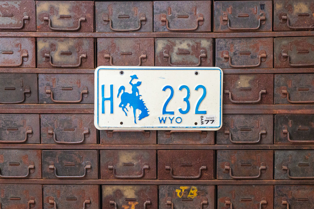 Wyoming 1977 License Plate Vintage White and Blue Wall Decor - Eagle's Eye Finds