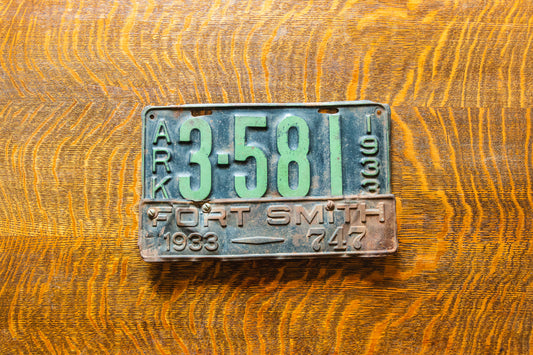1933 Arkansas License Plate with Ft. Smith Topper Vintage