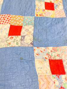 Blue Nine Patch Hand Stitched Quilt Vintage Square Patchwork Farmhouse Decor - Eagle's Eye Finds