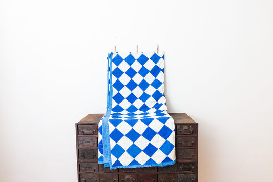 Block on Point Hand Stitched Quilt Vintage Blue Patchwork Farmhouse Decor - Eagle's Eye Finds