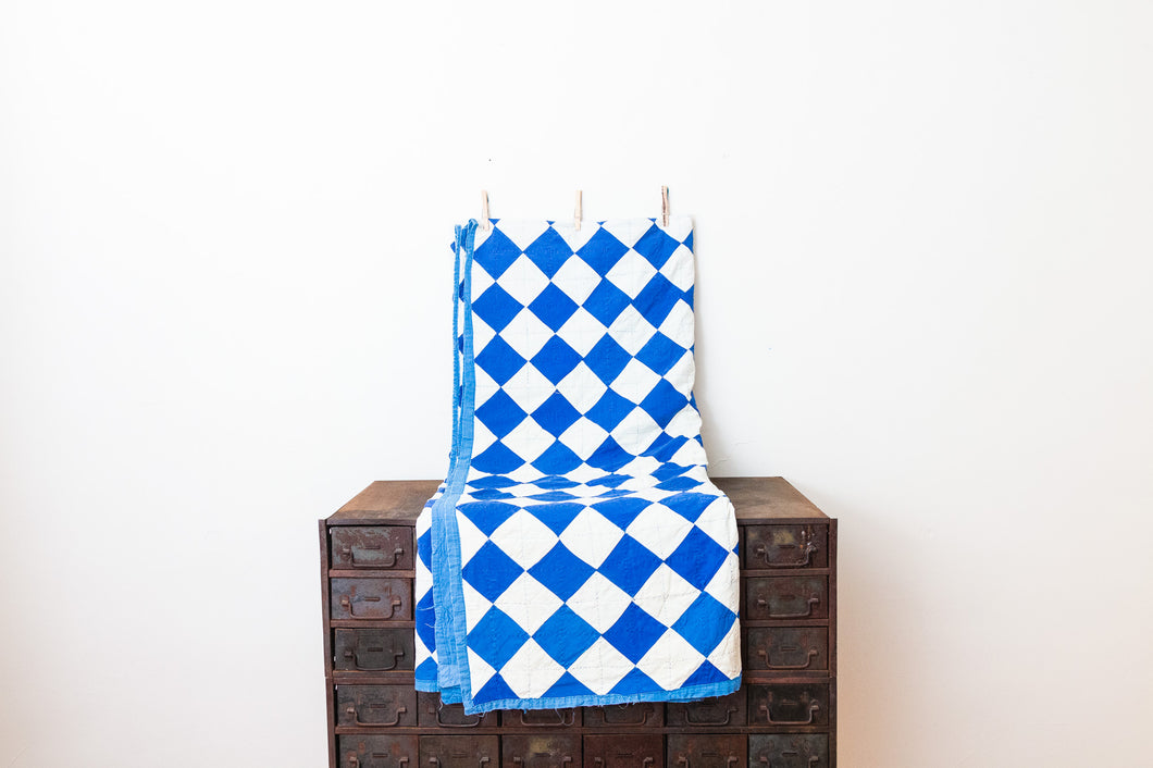 Block on Point Hand Stitched Quilt Vintage Blue Patchwork Farmhouse Decor - Eagle's Eye Finds