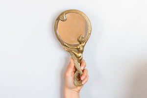 Art Nouveau Woman Mirror Vintage Figural Brass Hand Mirror Vanity Decor